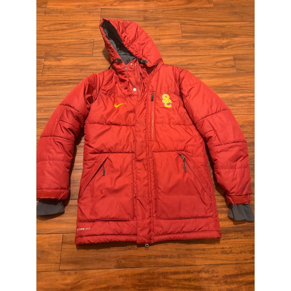 Nike Storm-FIT USC Trojans Red Puffer Parka Hooded Sideline Jacket Mens Small
